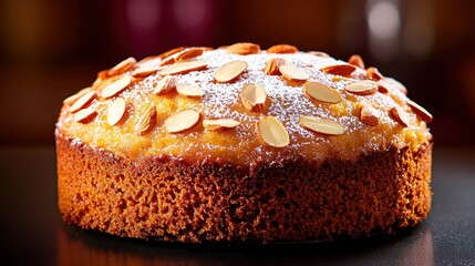 A realistic illustration of a freshly baked almond cake, showing a golden brown crust with finely chopped almonds sprinkled on top, a moist and fluffy interior dotted with almond slivers