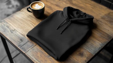 Cozy vibes a black hoodie with latte on wooden texture table