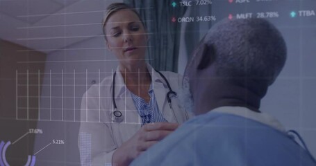 Consulting patient, doctor using animation with financial data and stock market graphs - Powered by Adobe