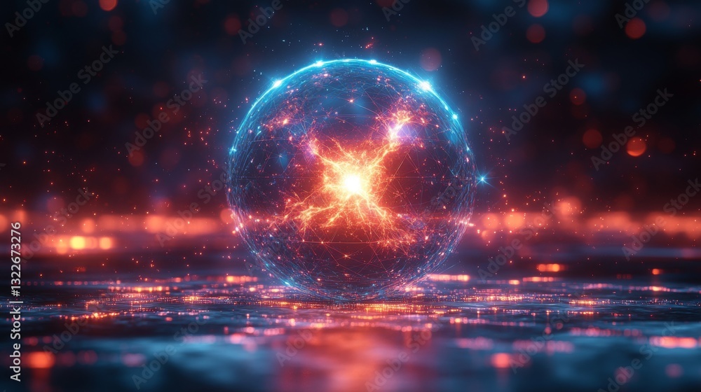 Fototapete the intricate interactions of quantum particles are visualized through a glowing sphere, representin