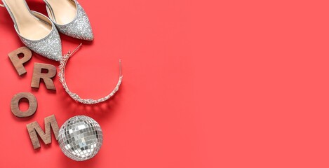 Word PROM, tiara, shoes and disco ball on red background with space for text, top view