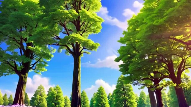 a vibrant and dreamlike cinematic photograph of a Spring forest, bathed in warm, golden light, with towering trees adorned with lush, emerald green leaves, and scattered with delicate, pastel-hued flo