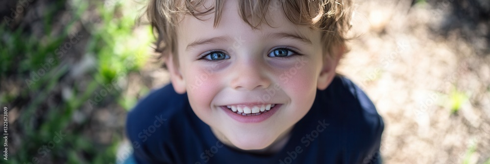Poster smiling child enjoying a sunny day in the park with green grass and a cheerful atmosphere