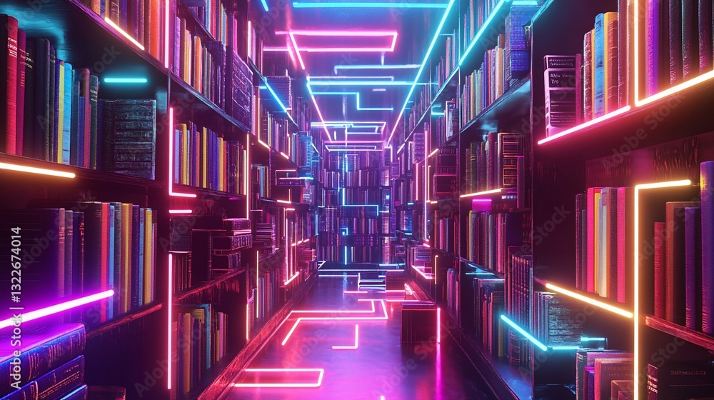 Poster cyberpunk library: neon lights illuminate rows of books in a futuristic setting