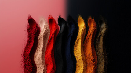 Colorful display of fine powders arranged in waves against contrasting backgrounds in a creative composition