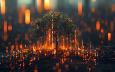 Obraz premium Statistics bars transitioning into a tree, representing growth and business success, detailed, vibrant, futuristic design, highquality render