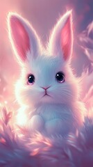 Fototapeta premium An adorable white bunny rabbit sitting among soft pink colors