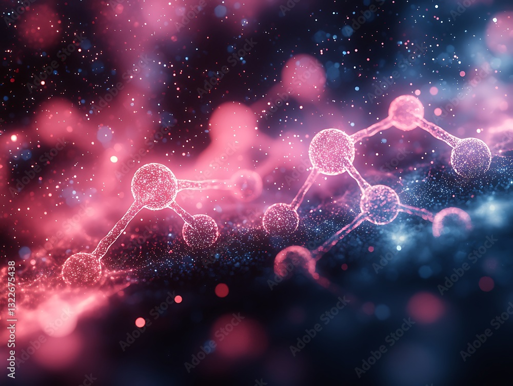 Poster a molecular structure surrounded by particles in a colorful abstract space