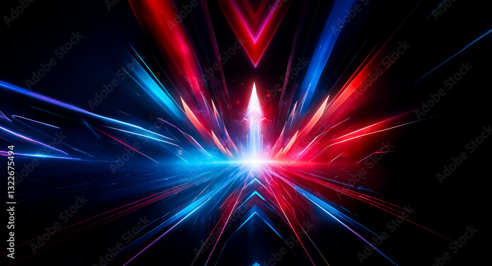 Poster abstract red and blue light streaks converge on a black background, creating a dynamic and futuristi