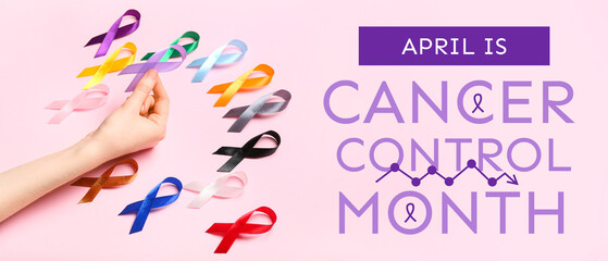 Female hand with different awareness ribbons on pink background, closeup. World Cancer Day