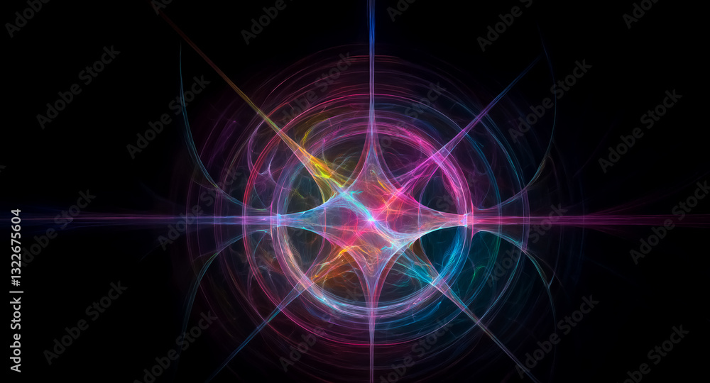 Poster abstract digital art featuring radiating lines from a central point. colorful swirls form a star sha