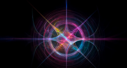 Fototapeta premium Abstract digital art featuring radiating lines from a central point. Colorful swirls form a star shape against a dark backdrop, creating a vibrant and dynamic design.