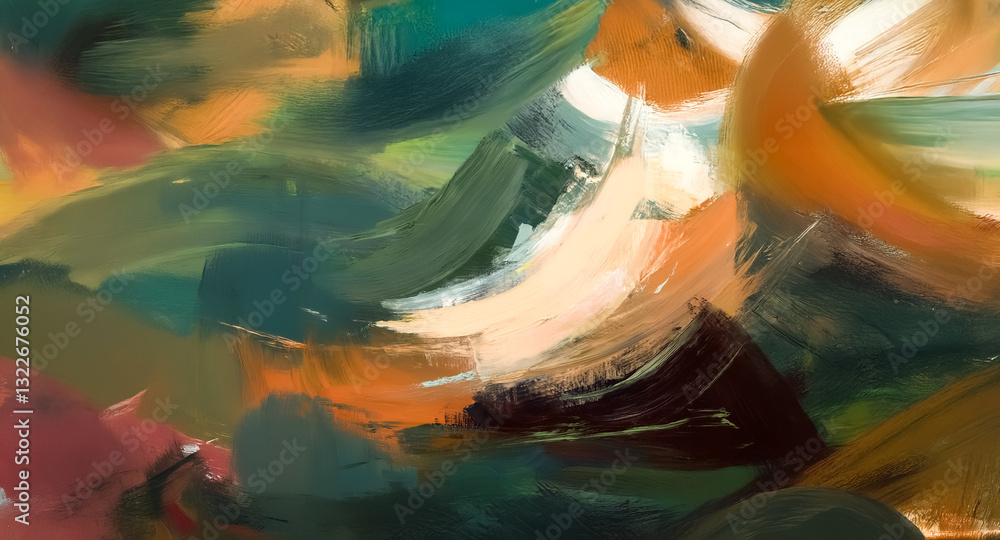 Poster abstract painting with visible brushstrokes in earthy tones, creating a textured and dynamic visual.