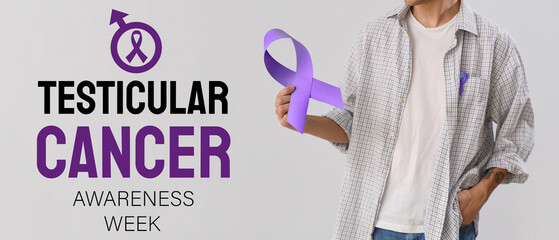Young man with blue ribbons on light background, closeup. Prostate cancer awareness concept