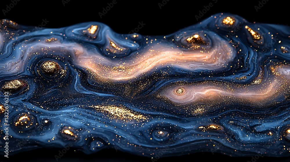 Poster an abstract fluid design displaying flowing colors with golden sparkles