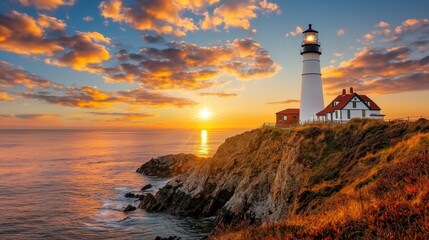 The setting sun casts a warm, golden glow on the white lighthouse perched on the rugged coastline, painting the ocean waters below in a stunning array of vibrant hues.