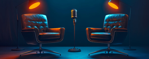 Podcast Studio: A sophisticated podcast studio set up, featuring two comfortable chairs facing a vintage microphone, illuminated by dramatic lighting.