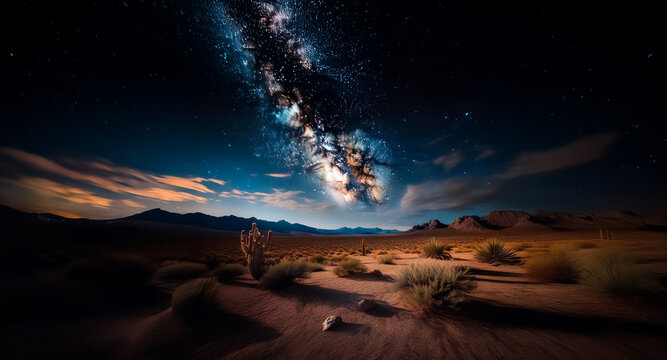 A breathtaking night scene unveils the Milky Way arching over a serene desert landscape.  Mountains stand silhouetted in the distance as sparse vegetation dots the sandy terrain under the starry expan