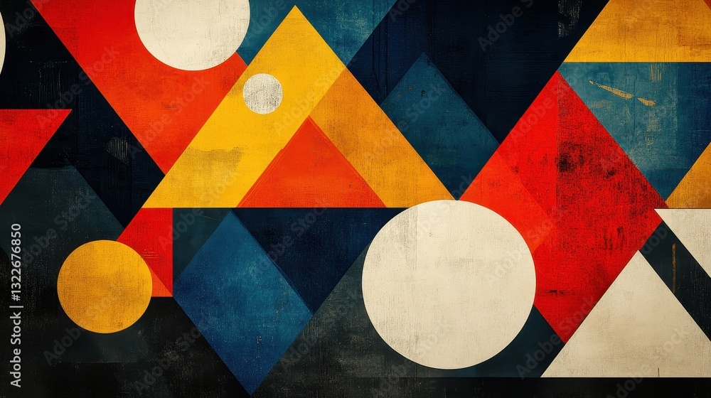 Poster Colorful geometric shapes create a vibrant abstract design with circles and triangles in contrasting hues against a dark background