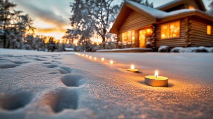The comforting glow of flickering candles softly illuminates the snowy scene outside the frosted window of a cozy cabin, casting a warm and inviting ambiance over the peaceful winter evening.