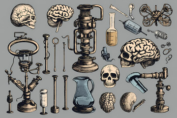 Vintage Medical Instruments: A detailed illustration showcasing an array of antique medical tools and anatomical diagrams, evoking a sense of historical medicine and scientific exploration.