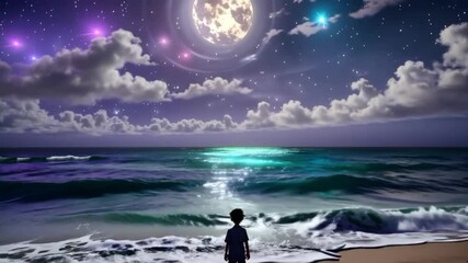 neon light art, in the dark of night, moonlit seas, clouds, moon, stars, colorful, detailed, 4k also there is boy feeling and seeing sky - Powered by Adobe