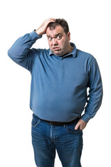 Middle age arab business man over isolated background confuse and wonder about question. Uncertain with doubt, thinking with hand on head. Pensive concept. 