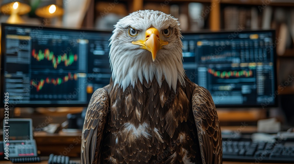 Poster A majestic eagle gazes directly at the viewer while standing in a stylish office. Behind it, multiple computer screens showcase fluctuating stock market data with vivid colors.