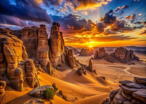 Sahara Desert Sunset: Dramatic Cliffs & Rocks, Djanet, Algeria