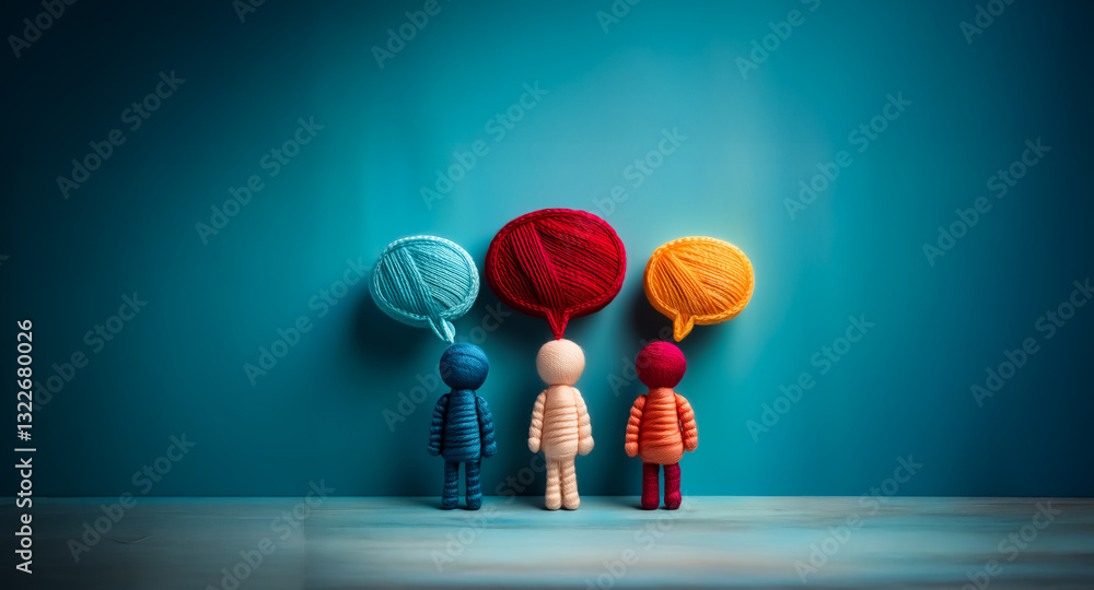 Aufkleber three figures with speech bubbles stand on a blue surface, representing communication, dialogue and 