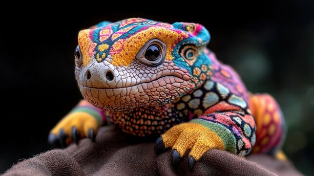 The gila monster is covered in vibrant colors on the sweater, with intricate patterns and designs that stand out against its textured scales.