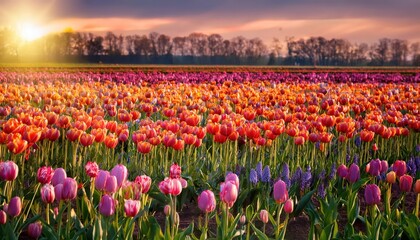 Blossoming Tulips Illuminate a Spring Field Garden Vibrant Blooms and Natures Rebirth in a Beautiful Tableau, Perfect for Digital Art, Home Decor, or Design Inspiration