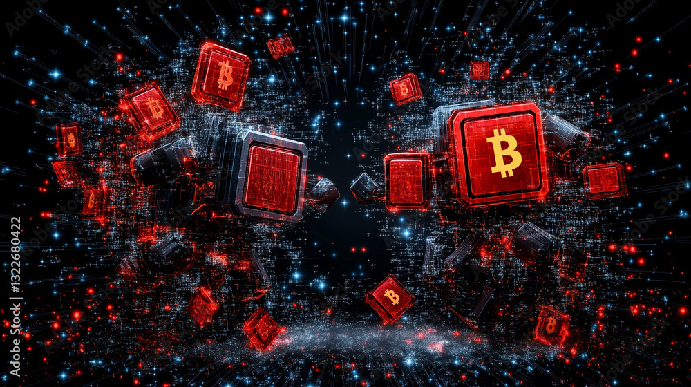 Aufkleber bitcoin explosion: a dynamic, artistic depiction of the cryptocurrency bitcoin, rendered as explodin