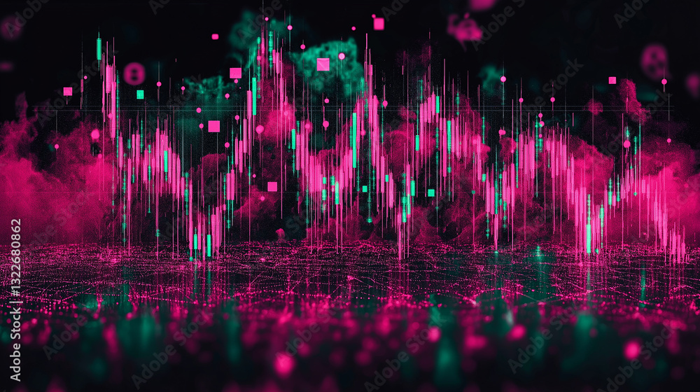 Aufkleber abstract financial data visualization: captivating data streams in vibrant pink and teal dance acros