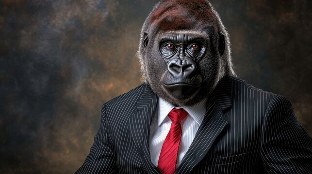 The artwork depicts a majestic gorilla dressed in a black pinstripe business suit, complete with a crisp white dress shirt and a red power tie