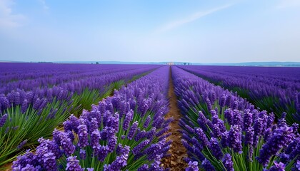Fototapeta premium Lavender Field in Full Bloom Under a Clear Blue Sky with a Small House Far Away