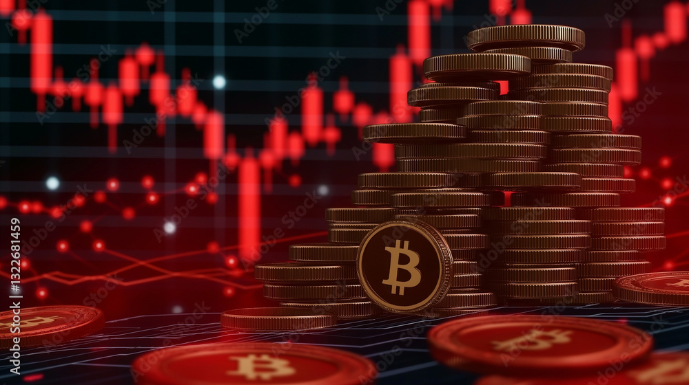 Poster crypto crash: bitcoin coins stacked in a downward trend with a red digital graph in the background, 