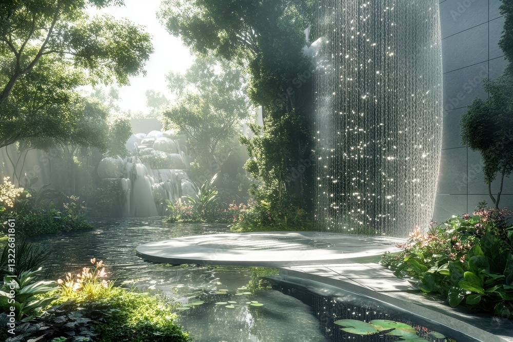 Aufkleber Modern architecture blends with nature in a vibrant forest setting featuring circular structures surrounded by lush greenery and colorful flowers
