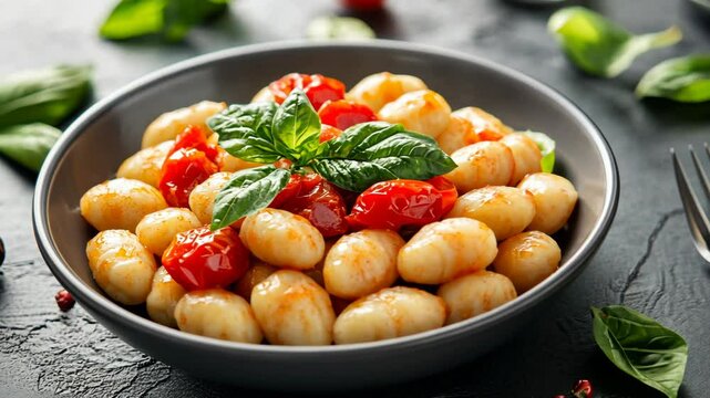 Delicious gnocchi served with cherry tomatoes and fresh basil in a cozy kitchen setting