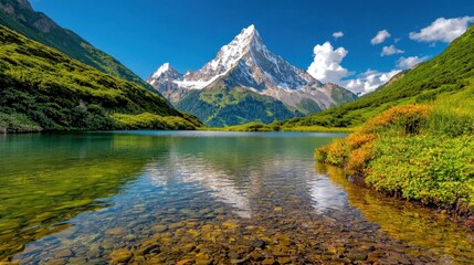 Fototapeta premium The breathtaking scenery of the idyllic mountain landscape captivates the senses with its serene crystal clear lake mirroring the azure sky above