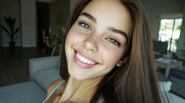 A beautiful girl with long hair, big eyes and light makeup is taking selfies in the living room of her home wearing a gray tank top, generative AI