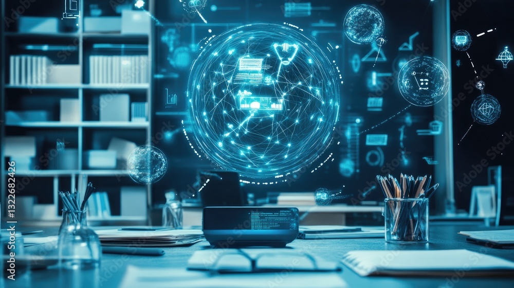 Poster an ai-powered futuristic classroom with floating holographic academic icons, representing major fiel