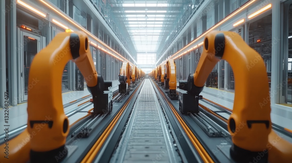 Poster an ai-powered assembly line using real-time machine learning to optimize production speeds.