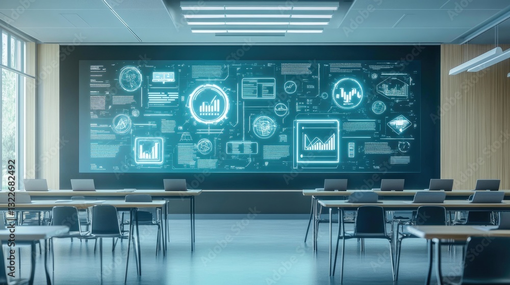 Poster an ai-powered futuristic classroom with floating holographic academic icons, representing major fiel