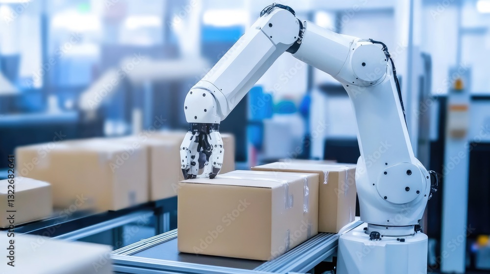 Poster an ai-powered robotic arm sorting and packaging fragile goods with precision and care.