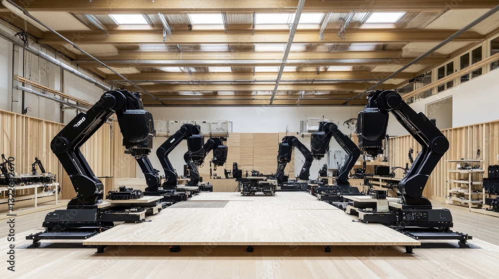 Poster an automated woodworking factory with cnc routers and ai-driven precision cutting systems.