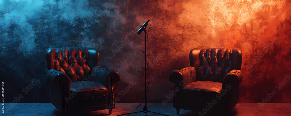 Poster awaiting the conversation: two luxurious leather armchairs, positioned with an open microphone betwe