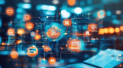 An educational technology concept with floating icons of digital tools for online learning and consulting on a tech-themed background.