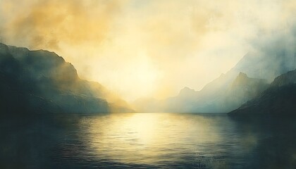 Beautiful peaceful lake with mountains and golden sunlight present