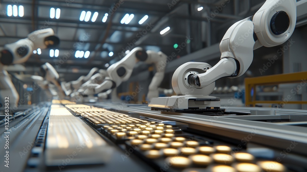 Poster a high-tech automated assembly line with robotic arms assembling precision-engineered products in a 